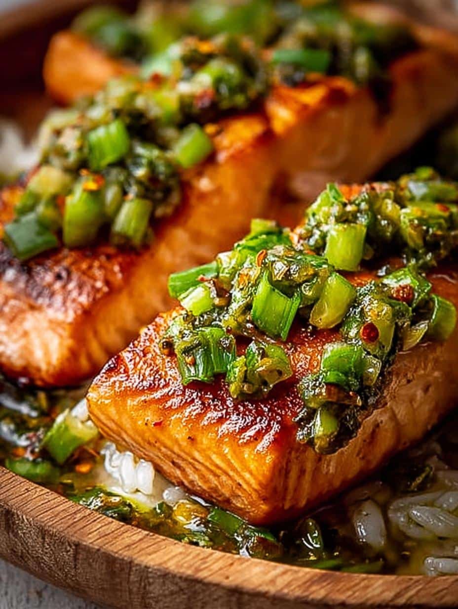 Miso Butter Salmon with Sizzled Scallion Salsa Verde Delight - Miso Butter Salmon with - additional detail