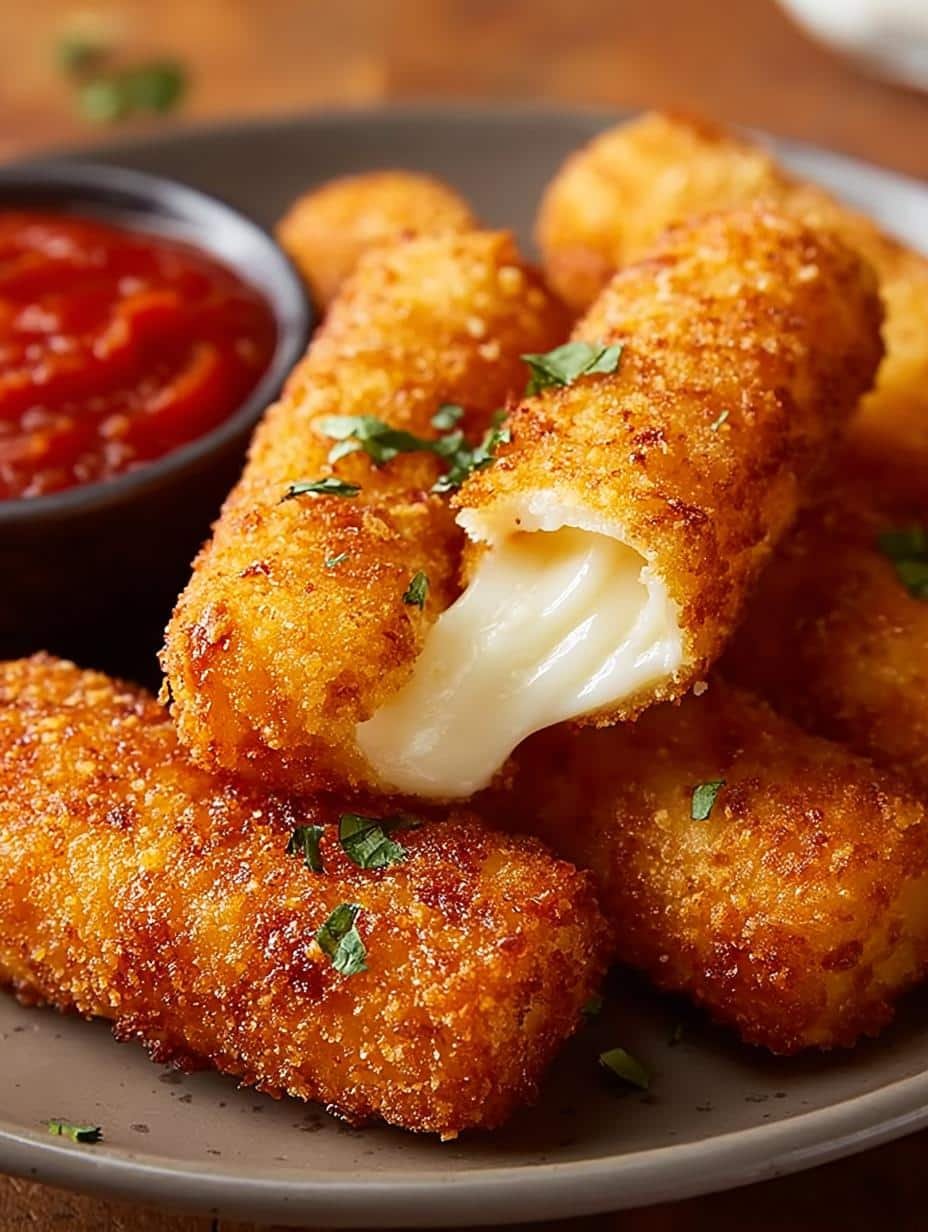 Irresistible homemade Mozzarella Sticks with a perfect cheese pull, golden brown and crispy, served on a white plate with marinara sauce