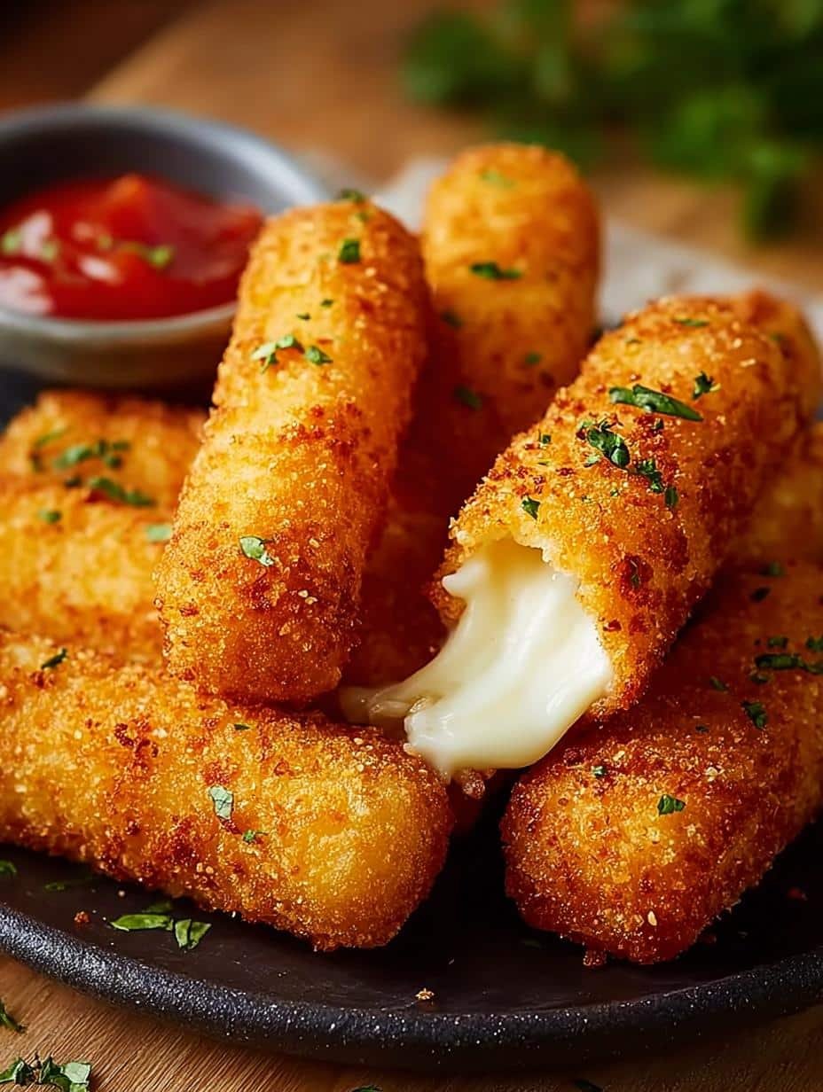 Deliciously crispy Mozzarella Sticks piled high on a serving platter, ready to be dipped in marinara sauce, perfect for parties