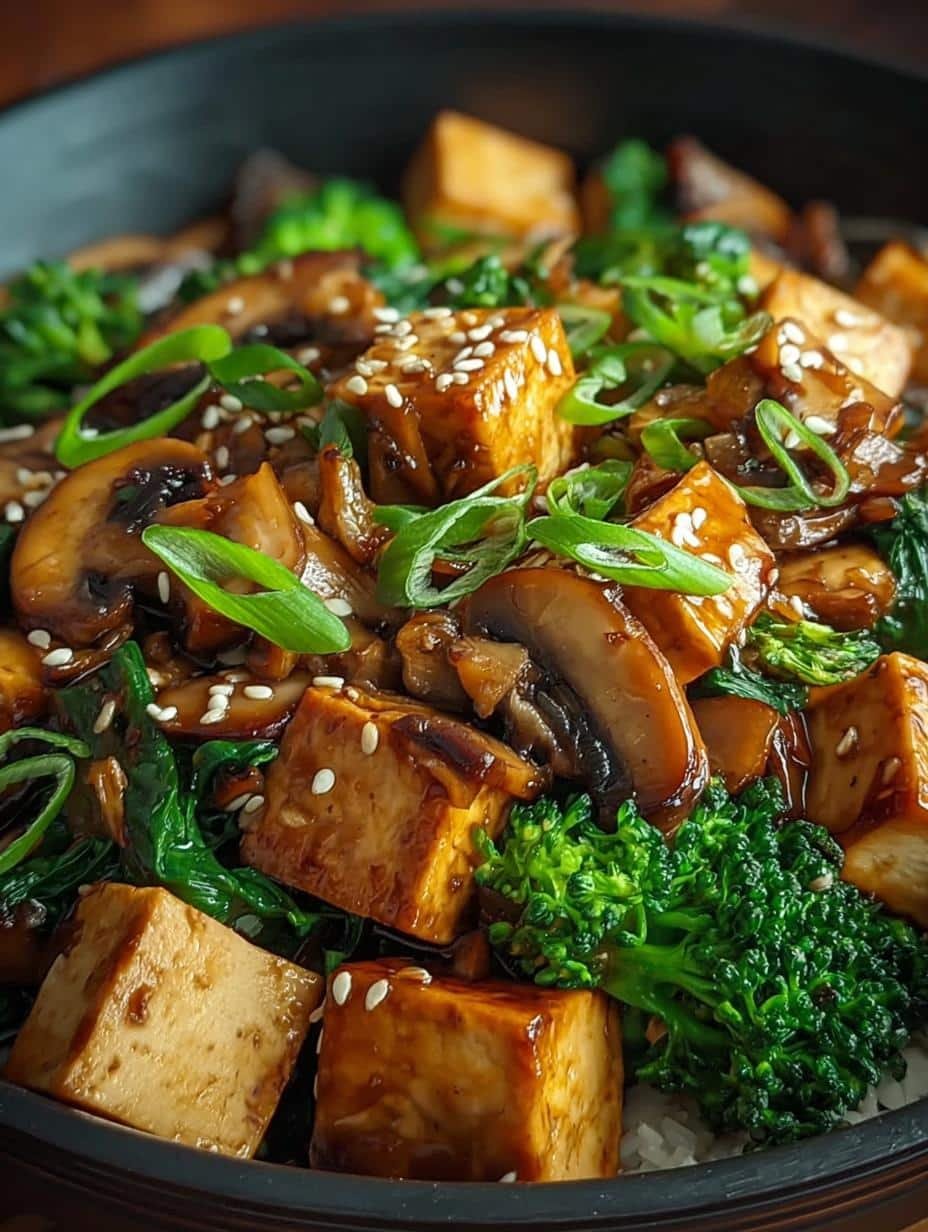 Delicious 10-Minute Mushroom Tofu Stir Fry with crispy tofu and vibrant vegetables