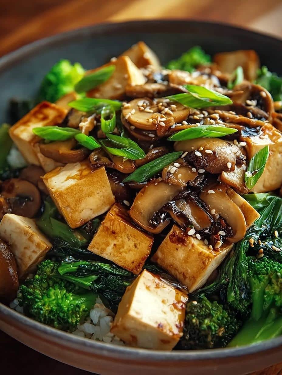 Close-up of savory Mushroom Tofu Stir Fry with fresh scallions and sesame seeds