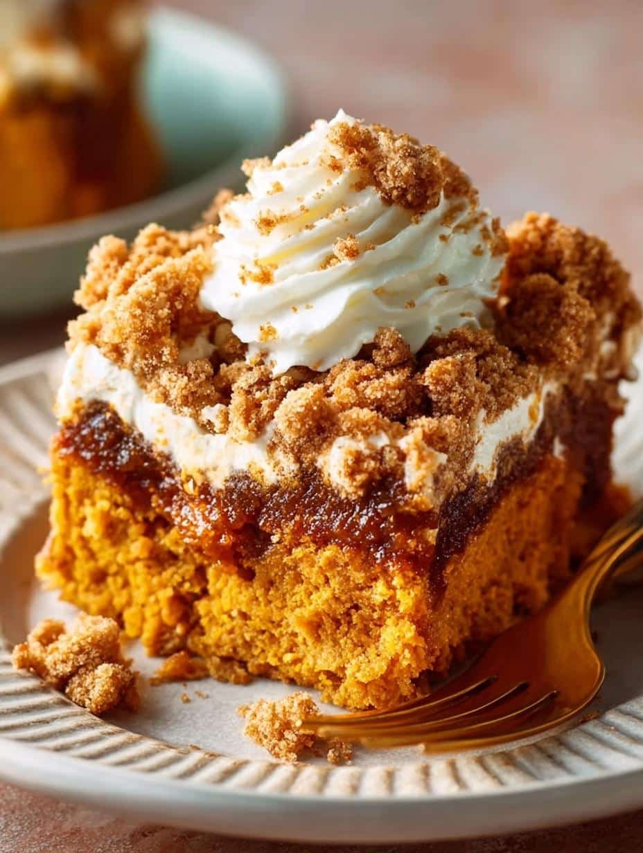 Delicious Pumpkin Dump Cake with a golden-brown crust and creamy pumpkin filling, perfect for a fall dessert