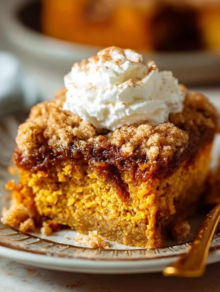 Close-up of a slice of Pumpkin Dump Cake, showing the distinct layers of cake and pumpkin, garnished with whipped cream