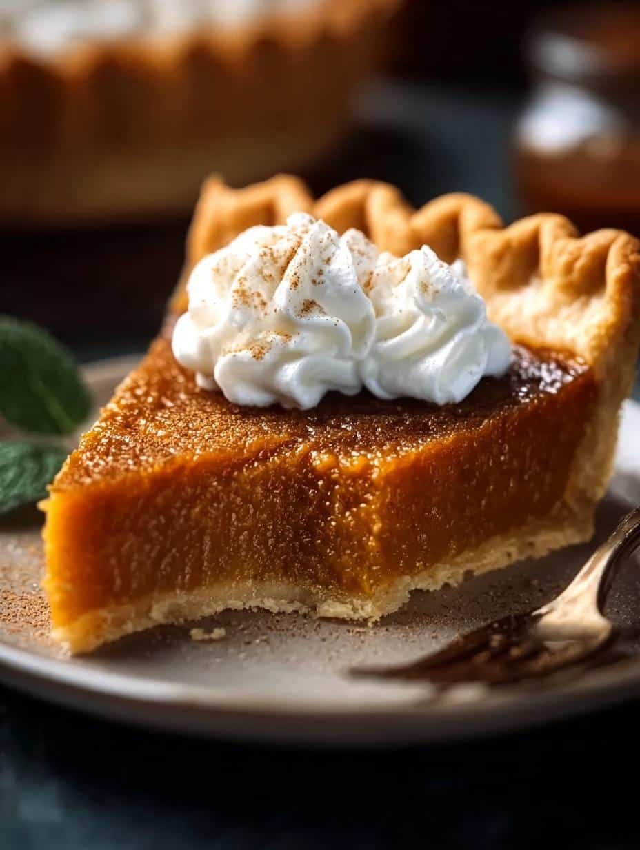 Delicious slice of Pumpkin Pie with Condensed, showing creamy filling and flaky crust, ready to be served