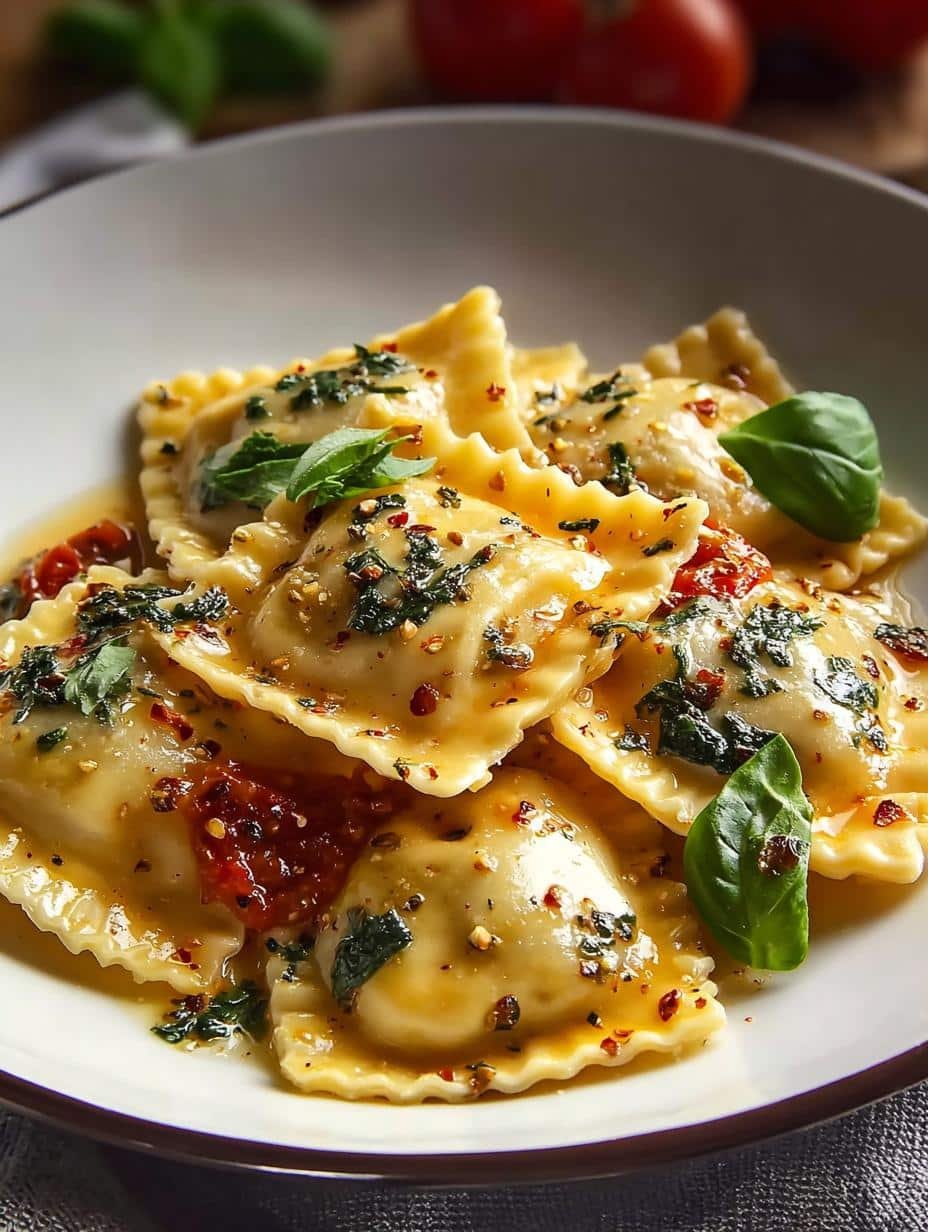 Delicious Ravioli Creamy Tuscan Sauce with fresh basil garnish, ready to serve
