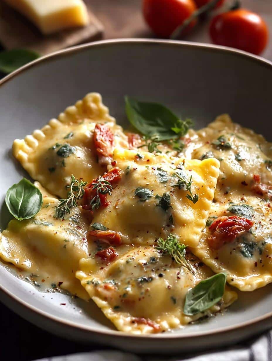 Close-up of creamy Tuscan sauce coating tender ravioli in a skillet