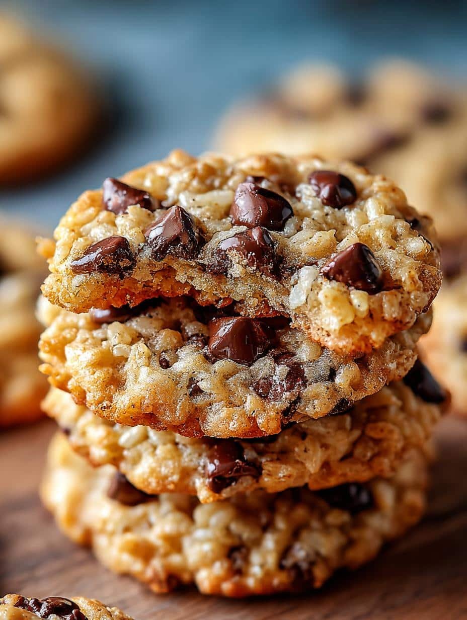Close-up of a freshly baked Rice Krispie Chocolate Chip cookie with melted chocolate chips, showcasing its unique texture