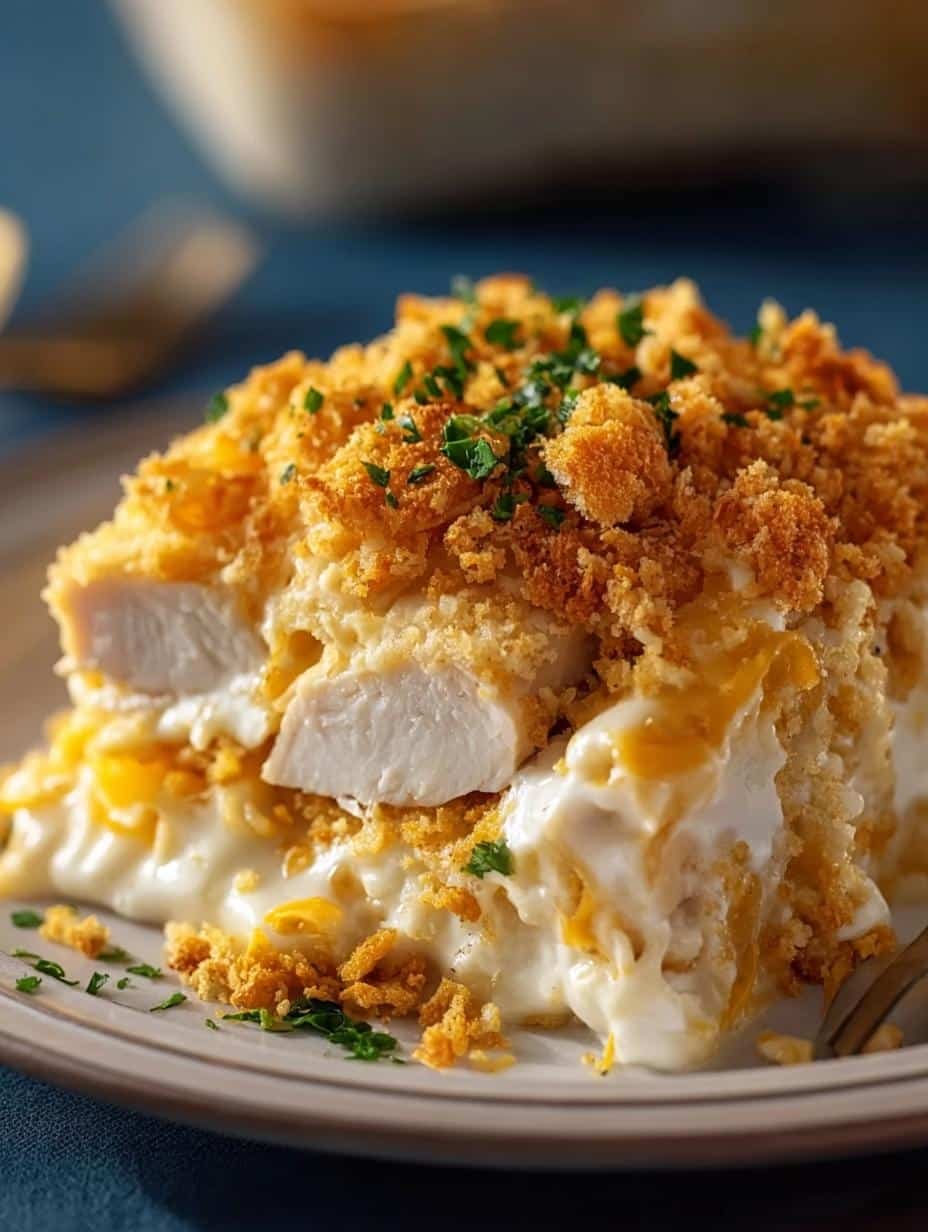 Delicious Ritz Cracker Chicken Casserole with a golden, crispy topping, ready to be served