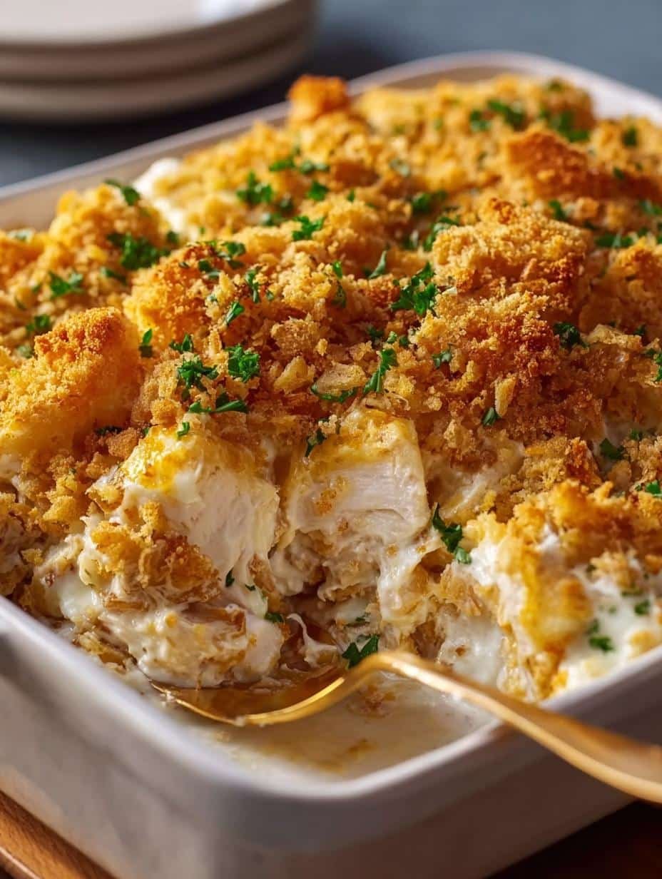 Close-up of a bubbling Ritz Cracker Chicken Casserole with a golden-brown topping, fresh from the oven