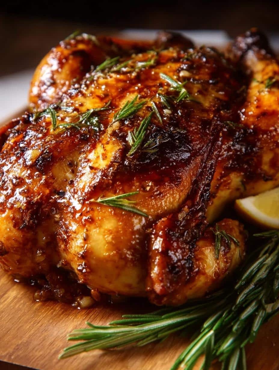 Deliciously golden brown Roasted Cornish Hen Ever, fresh from the oven, resting on a cutting board with herbs