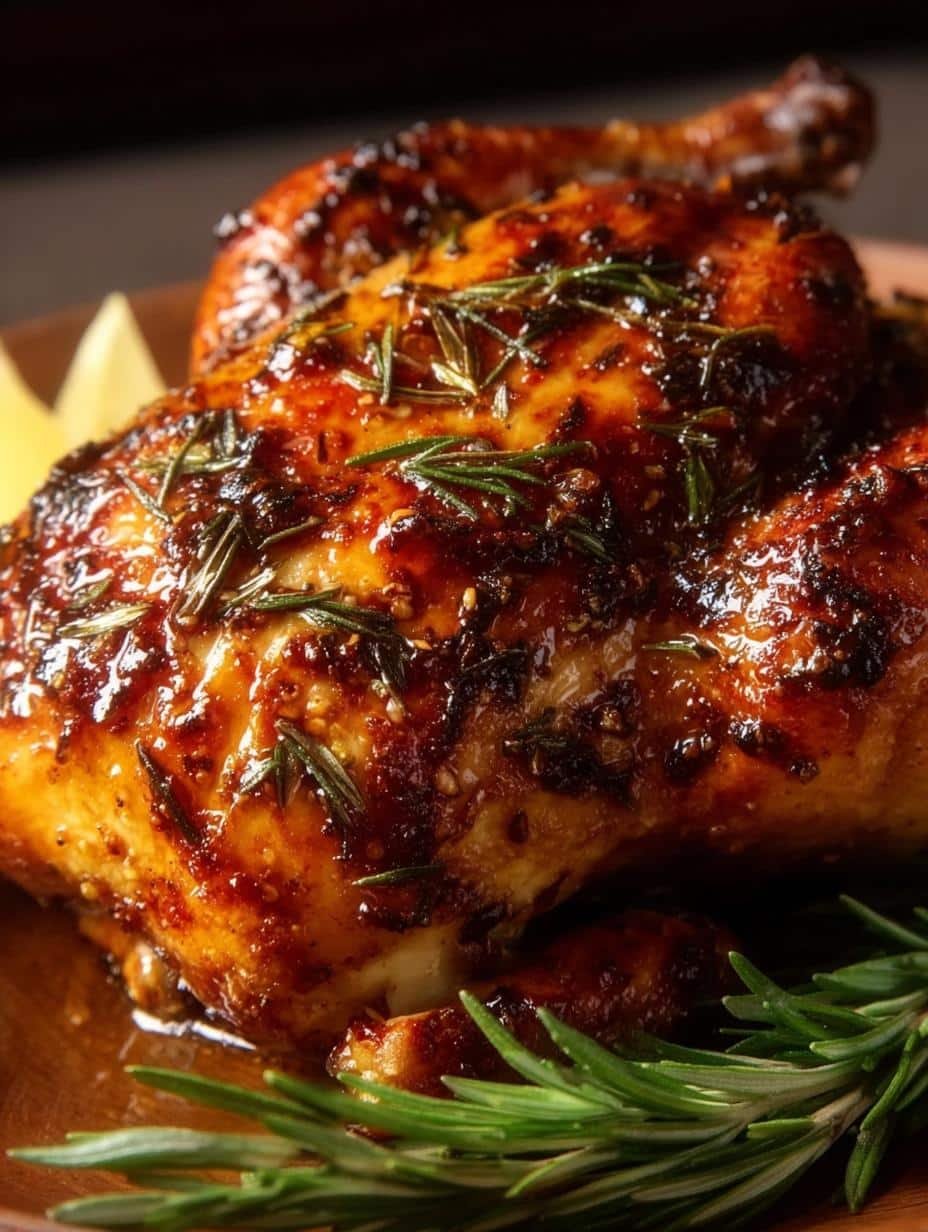 Two perfectly Roasted Cornish Hen Ever served on a platter with roasted lemon wedges and fresh rosemary sprigs