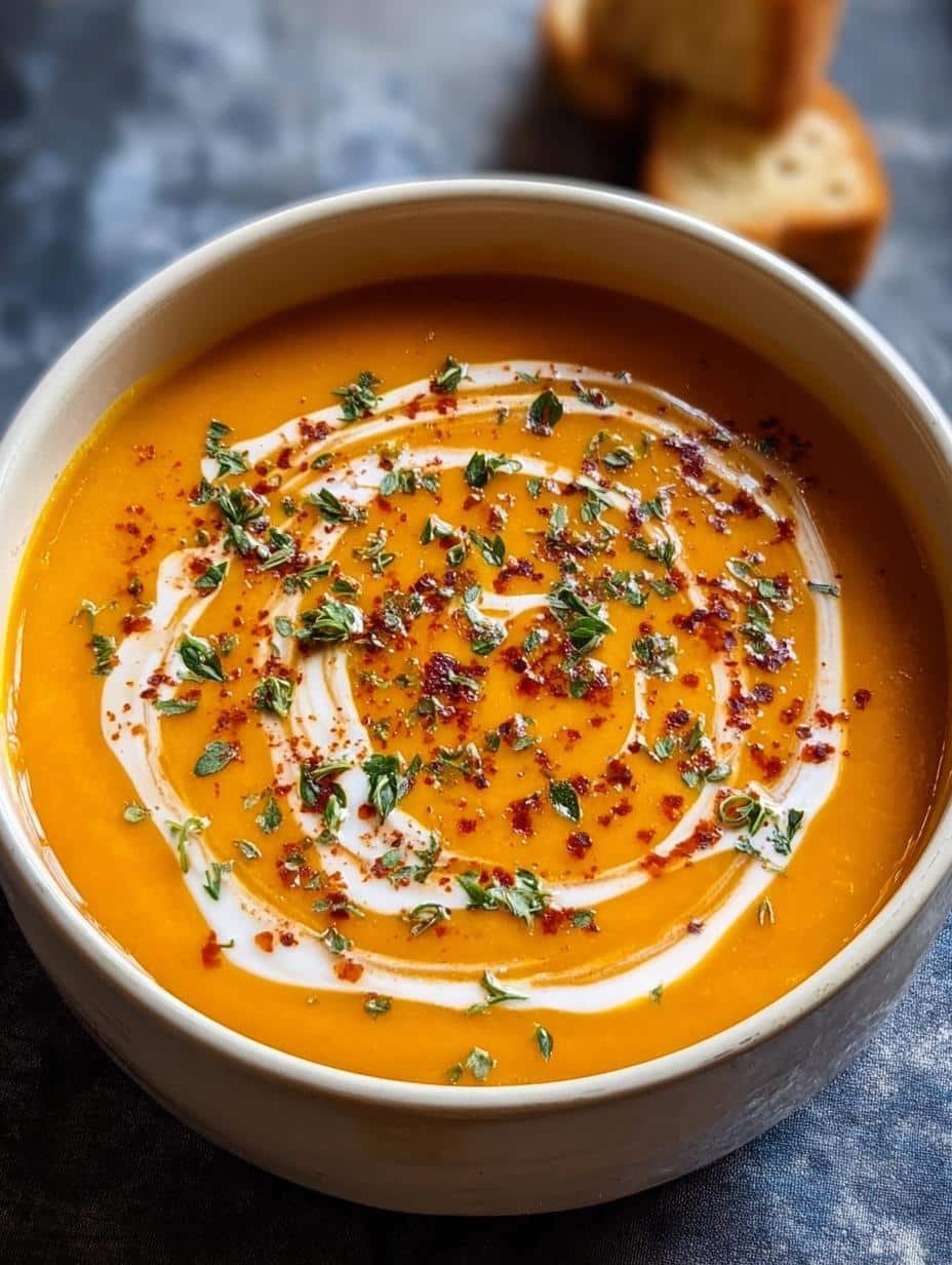 Deliciously creamy Roasted Sweet Potato Soup in a bowl, garnished with fresh herbs and a swirl of cream, perfect for a comforting meal.