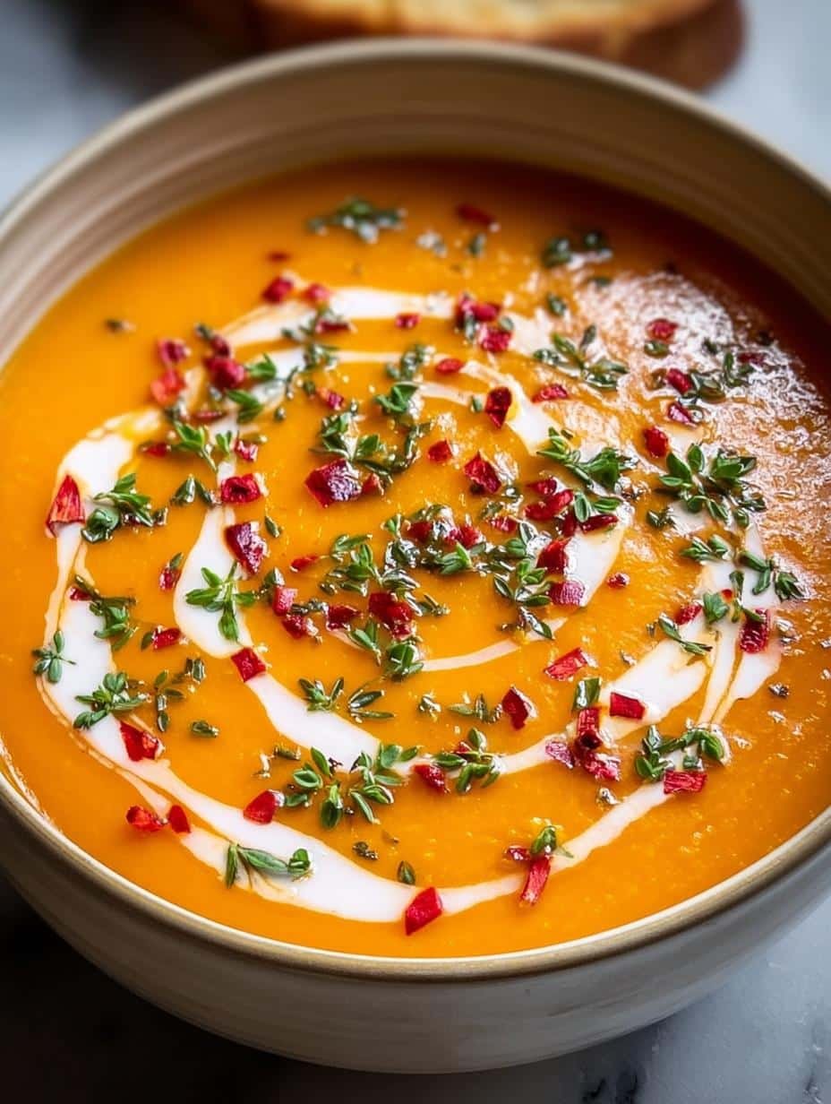 Close-up of a bowl of vibrant Roasted Sweet Potato Soup, showing its smooth texture and a garnish of fresh parsley and chili flakes.