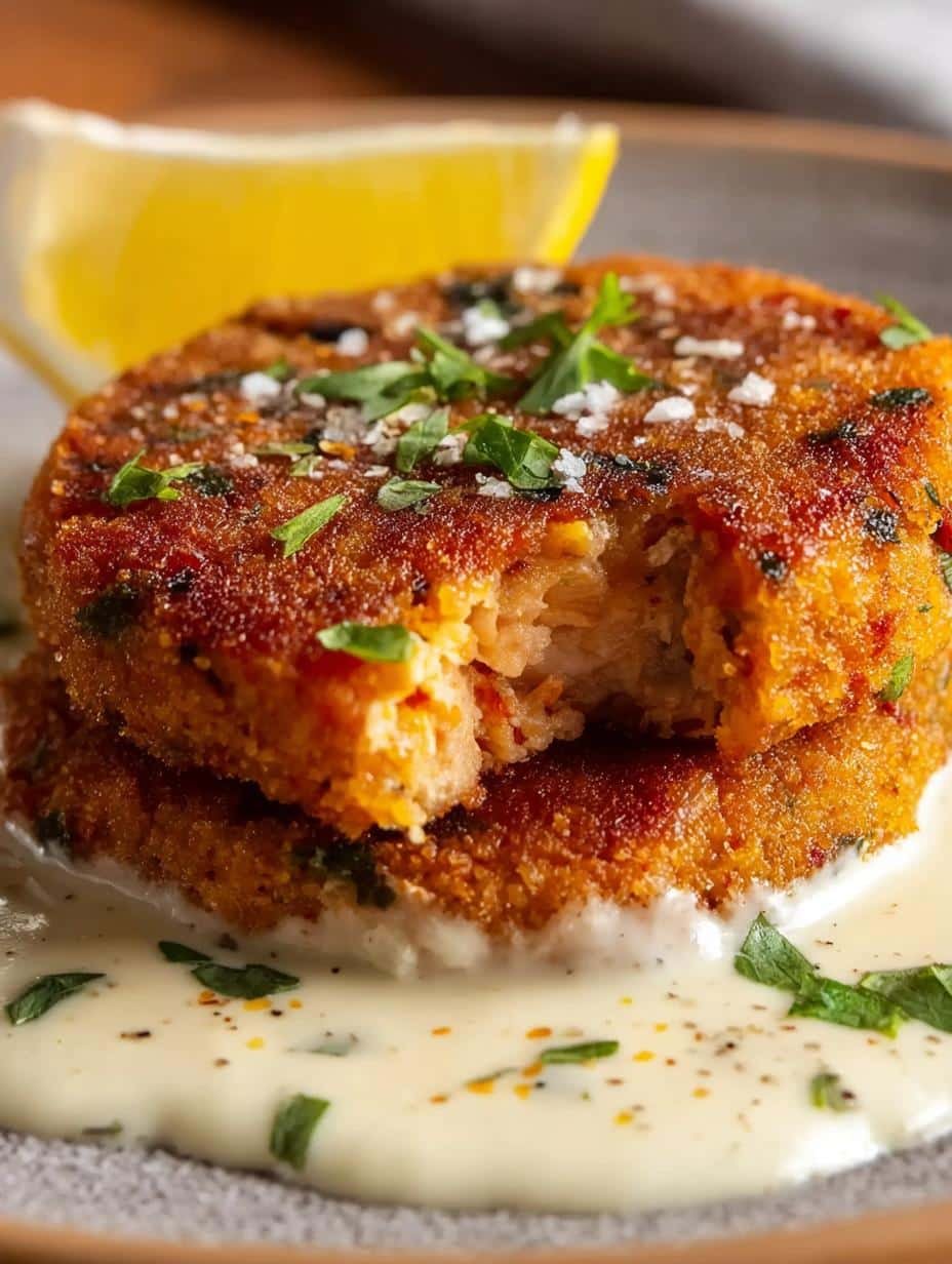 Delicious Salmon Patties with Creamy Lemon-Garlic Sauce, garnished with fresh parsley, ready to be served