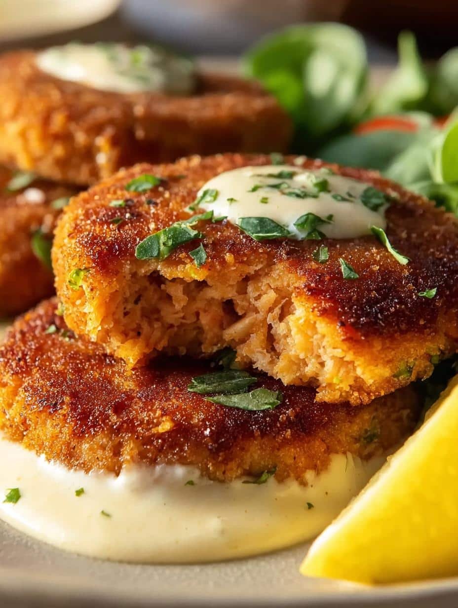 Close-up of golden-brown Salmon Patties with Creamy Lemon-Garlic Sauce, showing crispy exterior and tender salmon inside