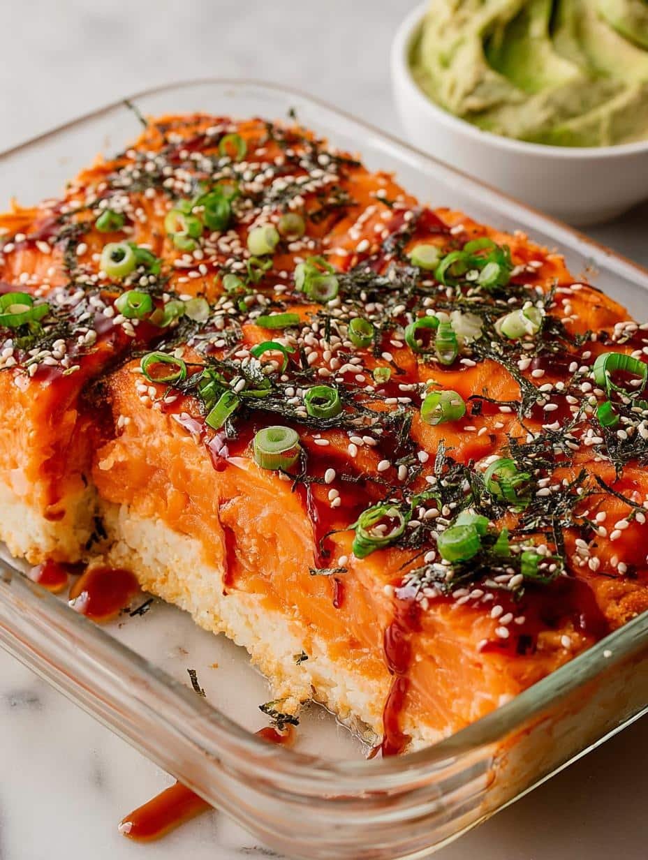 Delicious Salmon Sushi Bake with creamy layers and fresh toppings, ready to serve
