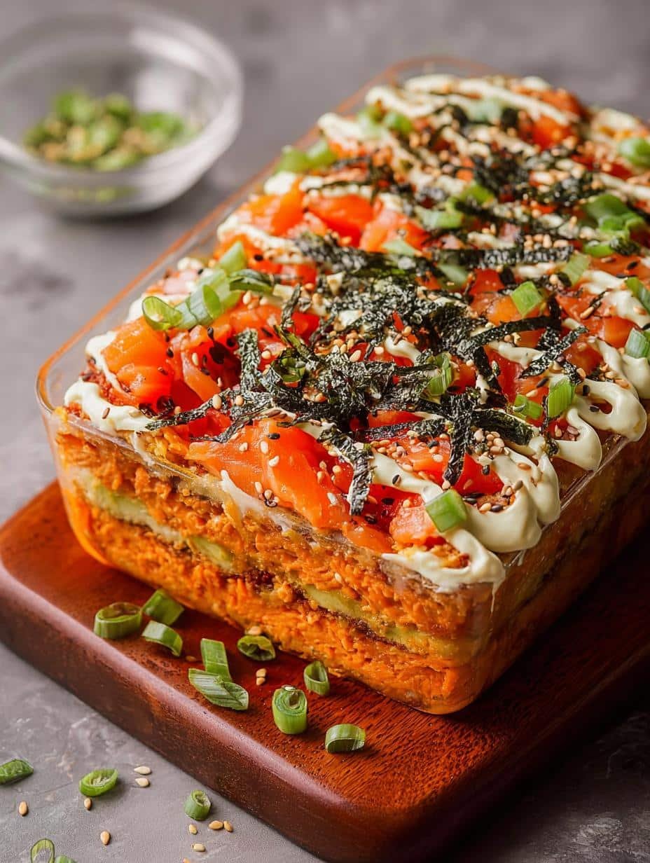 Close-up of a freshly baked Salmon Sushi Bake with creamy sauce and green onions