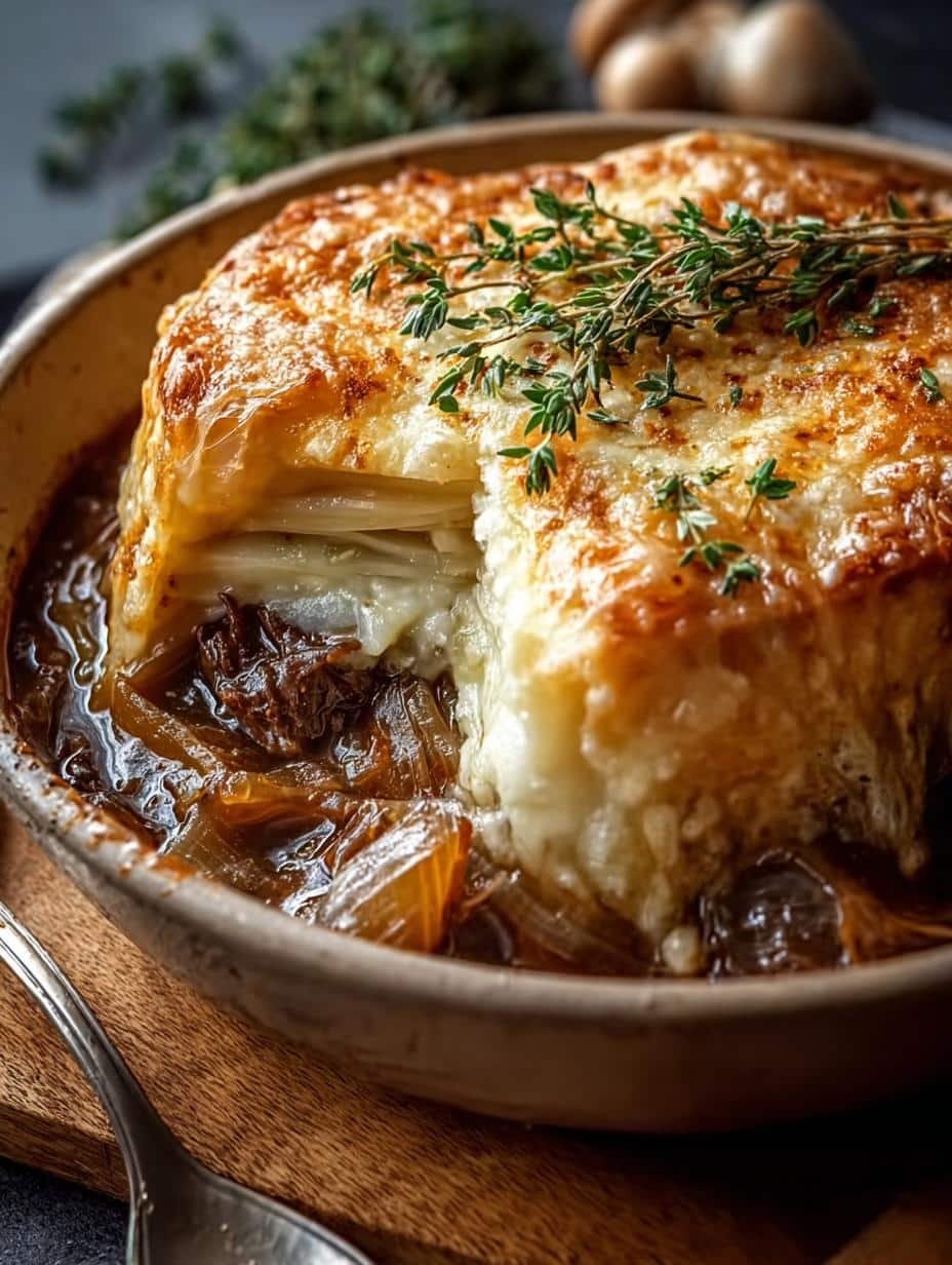 Savory French Onion Pot Roast with tender beef, caramelized onions, and rich broth, garnished with fresh thyme