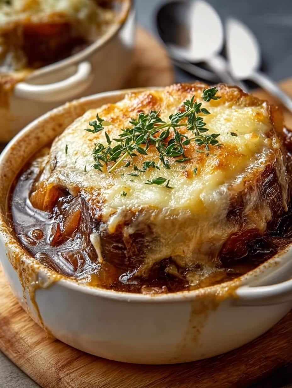 Close-up of Savory French Onion Pot Roast with melted Gruyère cheese and golden-brown crust