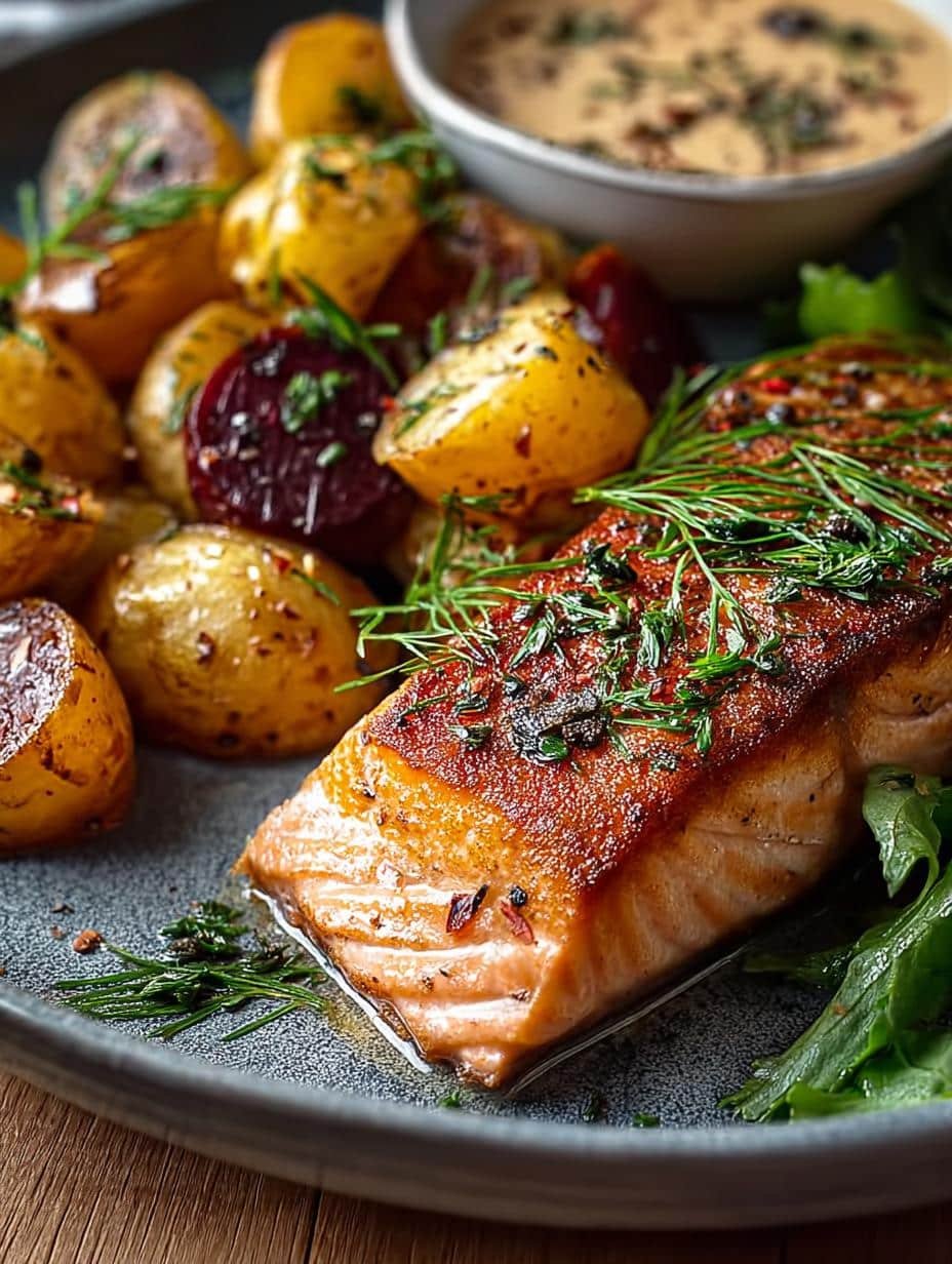 Delicious Seared Salmon with Roasted Potatoes and Paprika Aioli, ready to serve