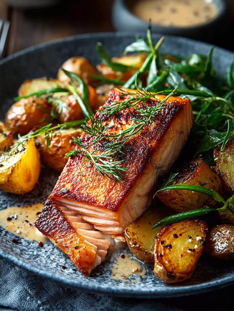Close-up of perfectly Seared Salmon with Roasted Potatoes and a dollop of Paprika Aioli