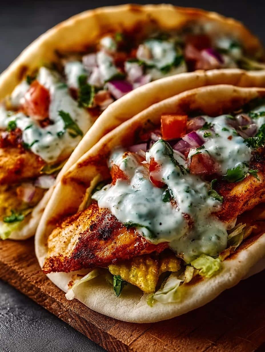 Delicious Sheet Pan Chicken Pitas with roasted vegetables and creamy ranch dressing, ready to serve