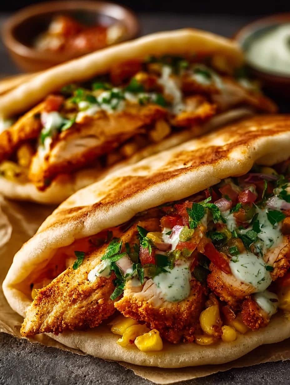 Close-up of a Sheet Pan Chicken Pita filled with tender chicken, colorful bell peppers, and red onion