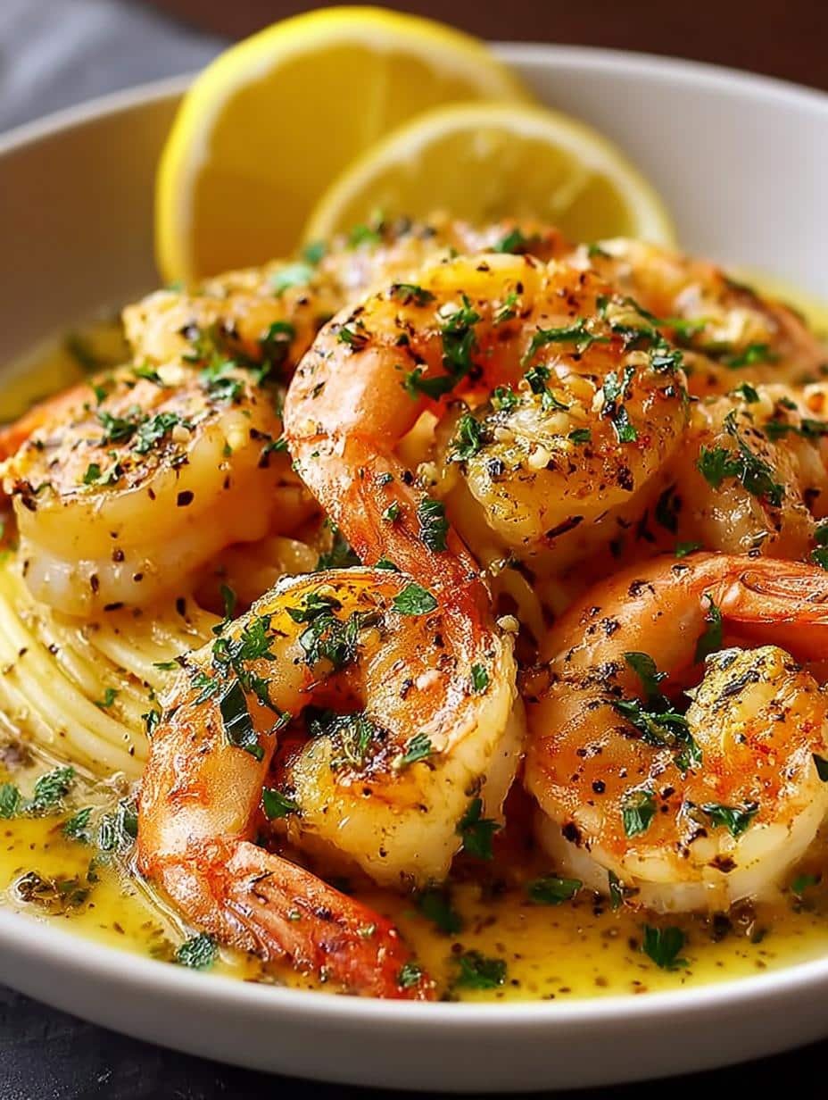 Delicious Shrimp Scampi with Lemon served over pasta, garnished with fresh parsley and lemon wedges, ready to eat