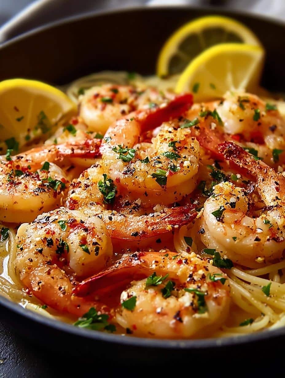 Close-up of succulent Shrimp Scampi with Lemon in a skillet, showing the rich garlic butter sauce and fresh ingredients