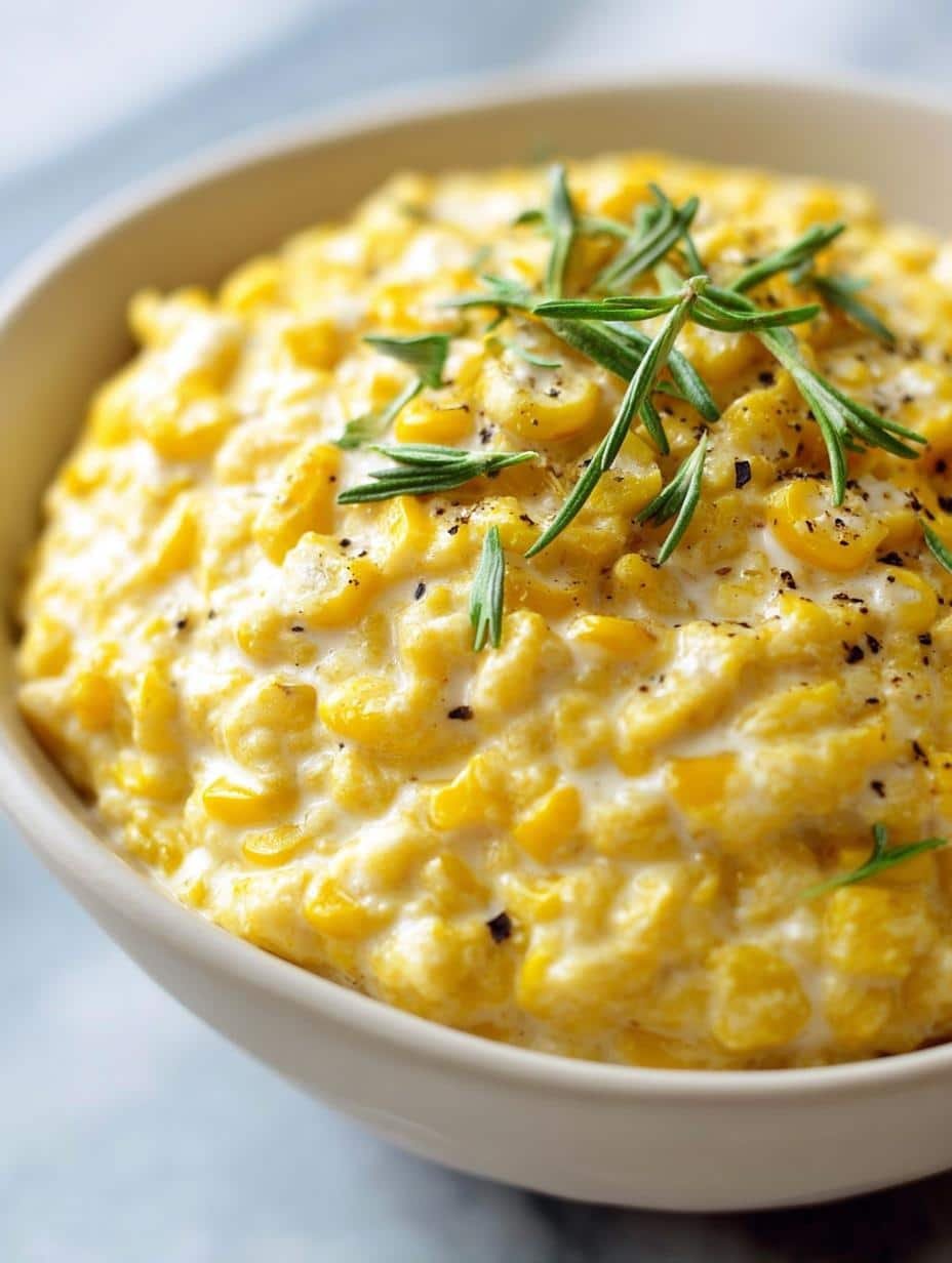 Delicious Slow Cooker Creamed Corn, creamy and sweet, served in a white bowl ready to eat