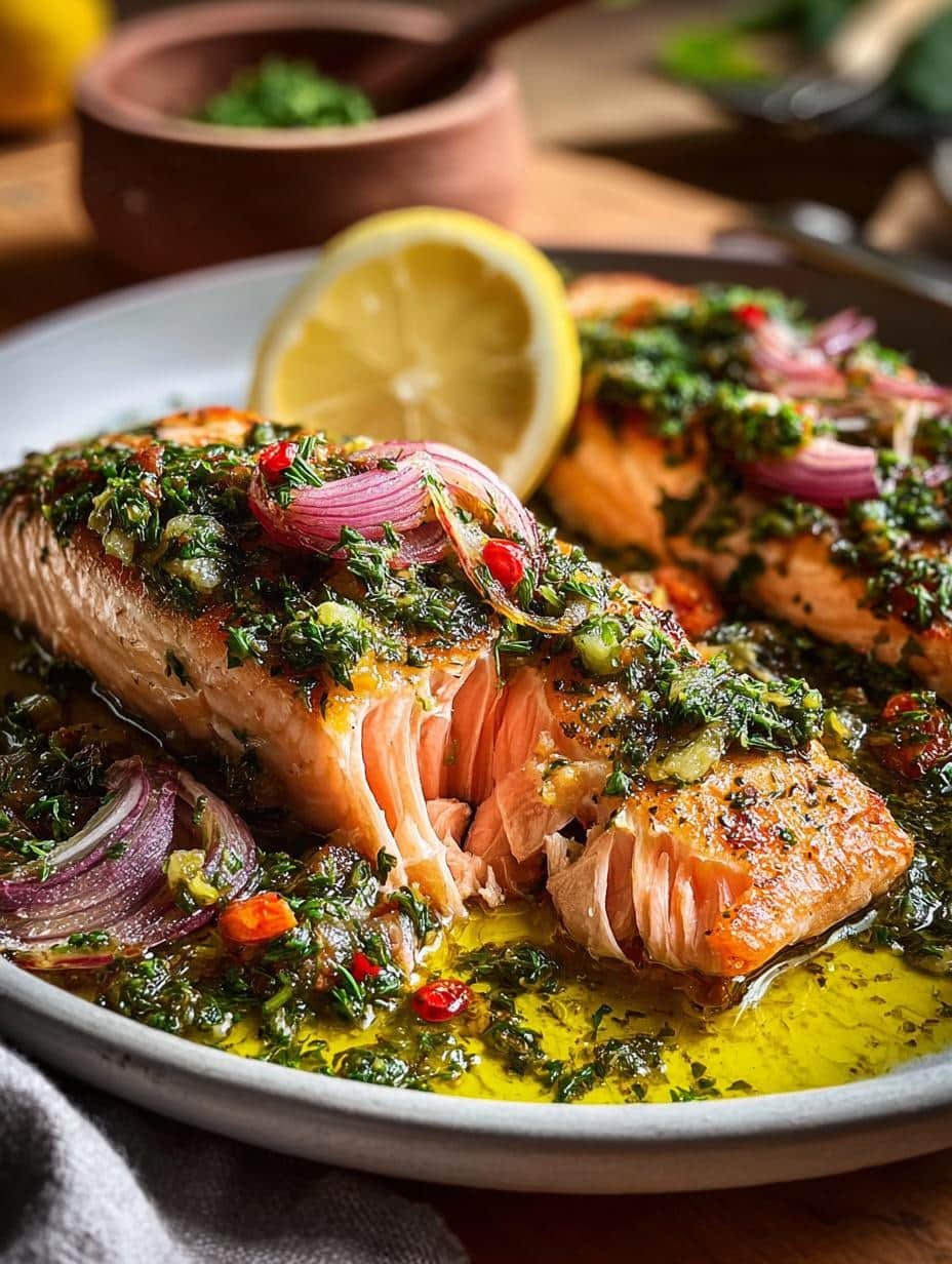 Slow Roasted Salmon with Citrus Salsa Verde Delight - perfectly cooked salmon fillet with fresh salsa