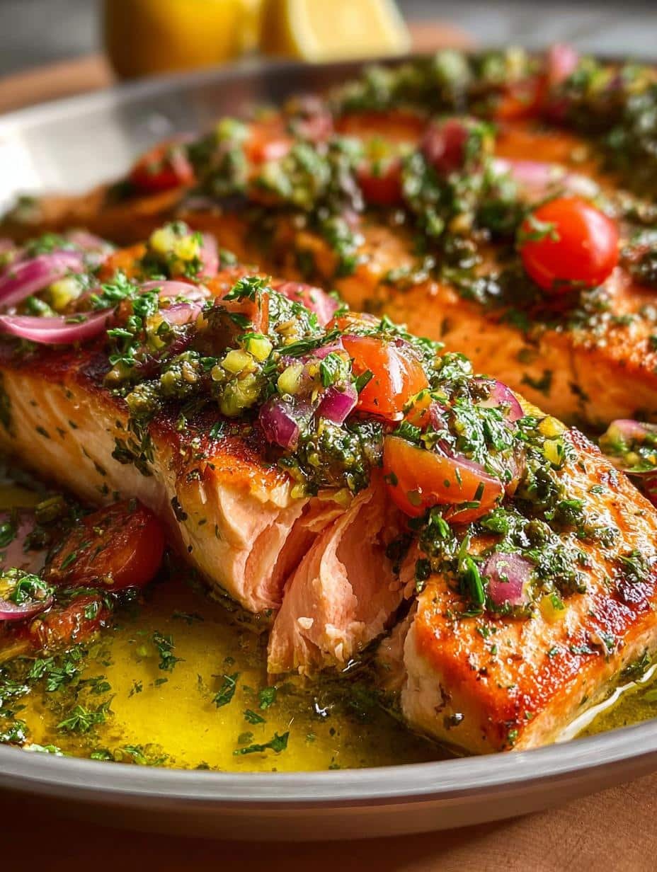 Slow Roasted Salmon with Citrus Salsa Verde Delight - close-up of salmon with vibrant salsa
