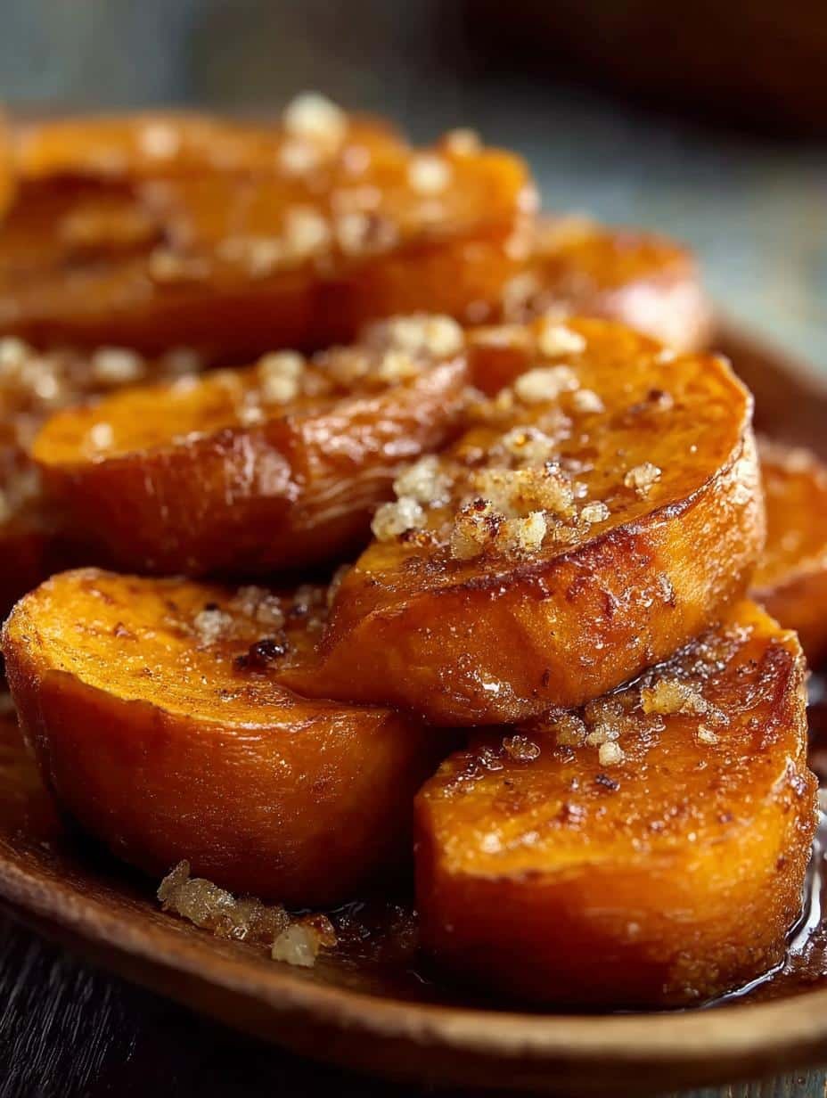 Close-up of glazed Southern Candied Sweet Potatoes with a rich, buttery sauce