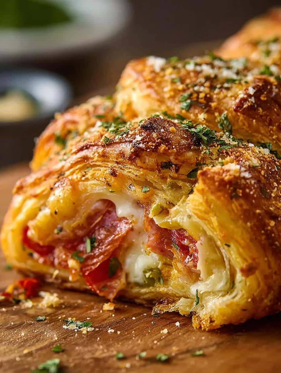 Deliciously golden brown Spicy Italian Crescent Ring, freshly baked and ready to serve, showcasing its flaky crust and savory filling