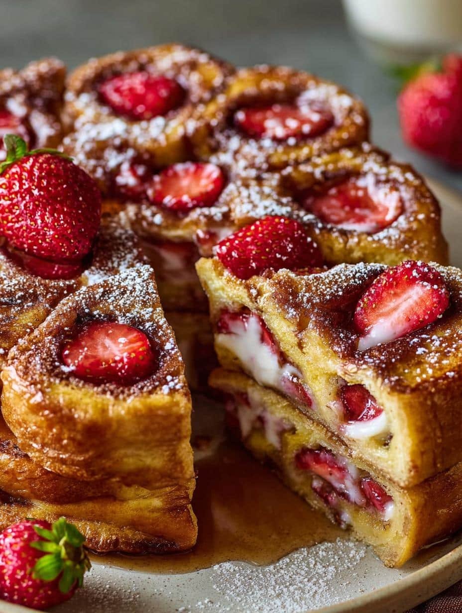 Delicious Strawberry Cinnamon French Toast rolls with fresh berries and powdered sugar on a white plate