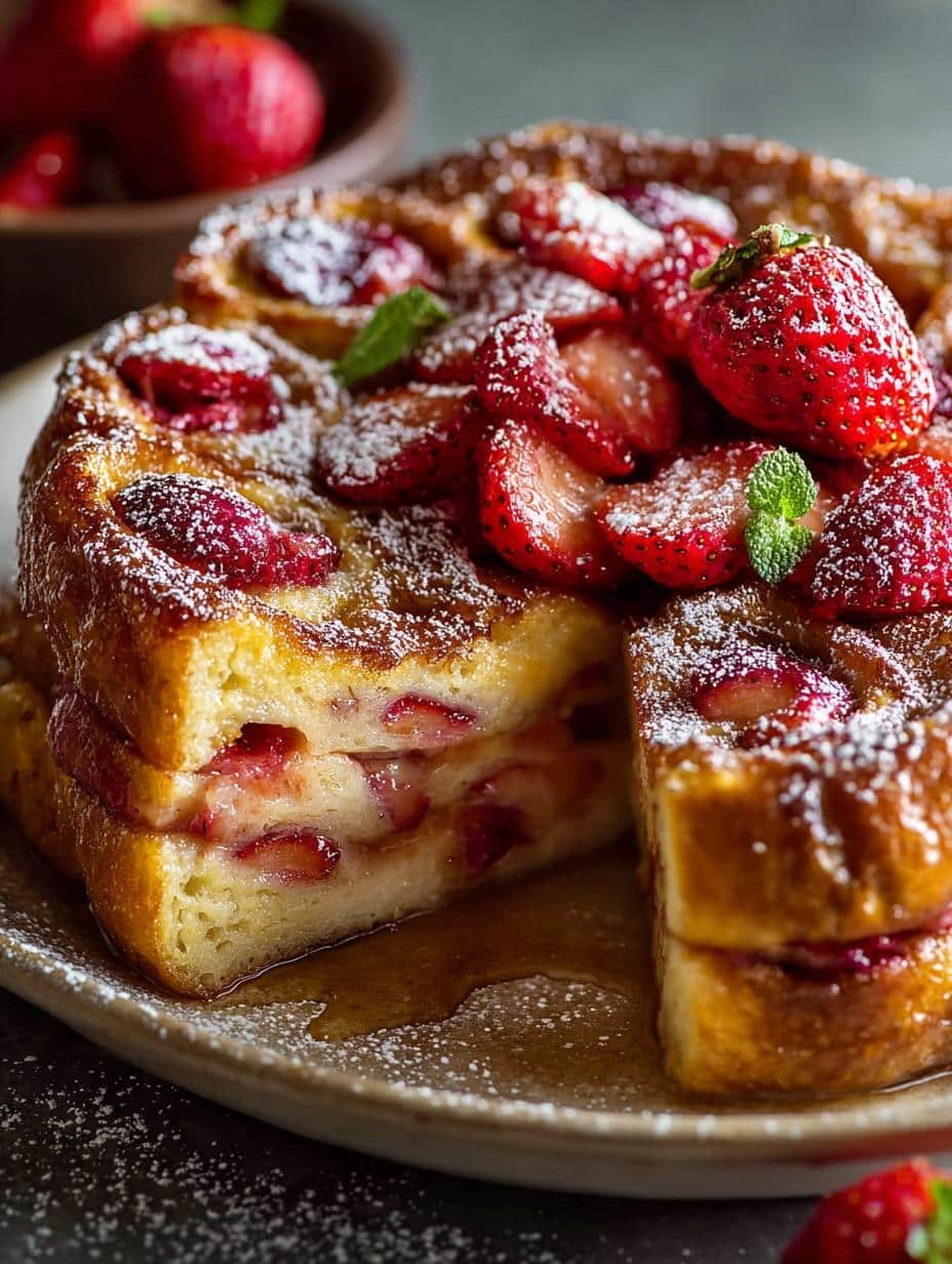 Close-up of golden brown Strawberry Cinnamon French Toast rolls drizzled with maple syrup