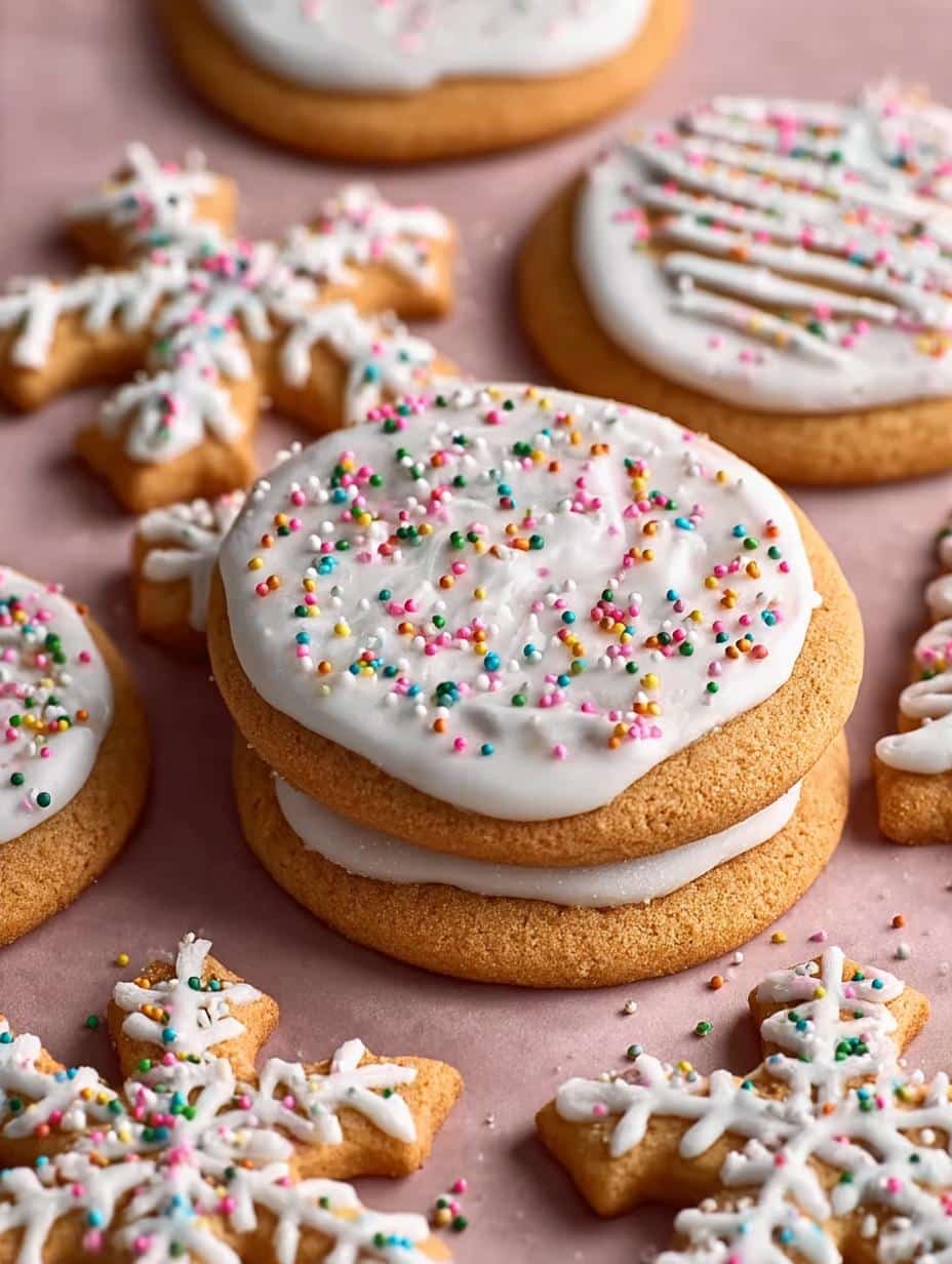 A close-up of beautifully decorated Sugar Cookies with Royal Icing, featuring intricate patterns and bright colors, ready for a celebration.