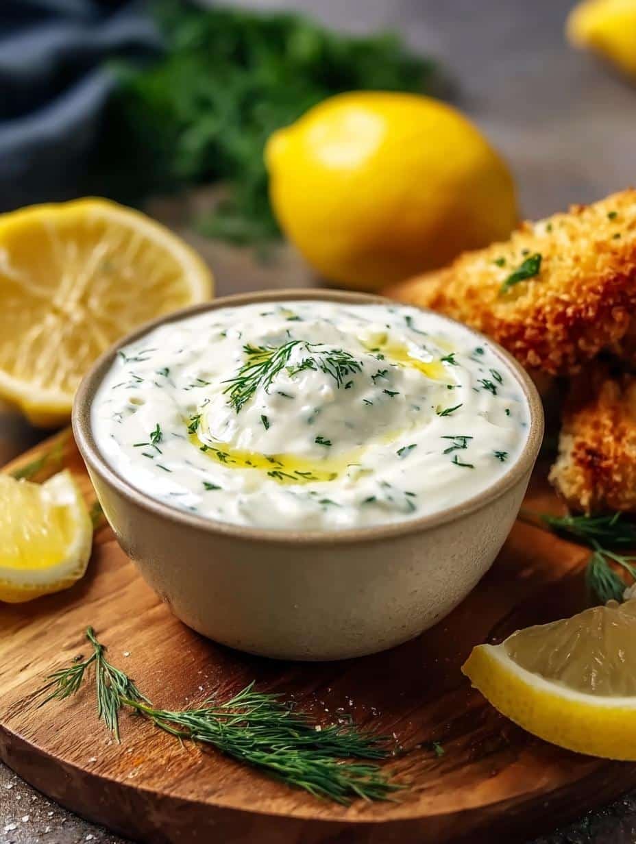 Close-up of freshly made Tartar Sauce in a small dish, ready to be served with fried fish