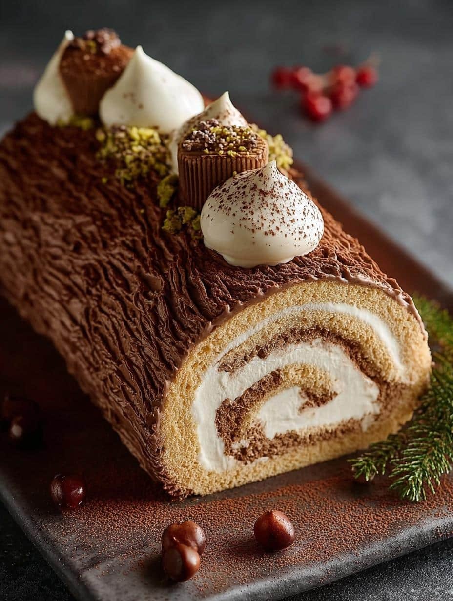 Delicious Tiramisu Yule Log Christmas with chocolate ganache and meringue mushrooms