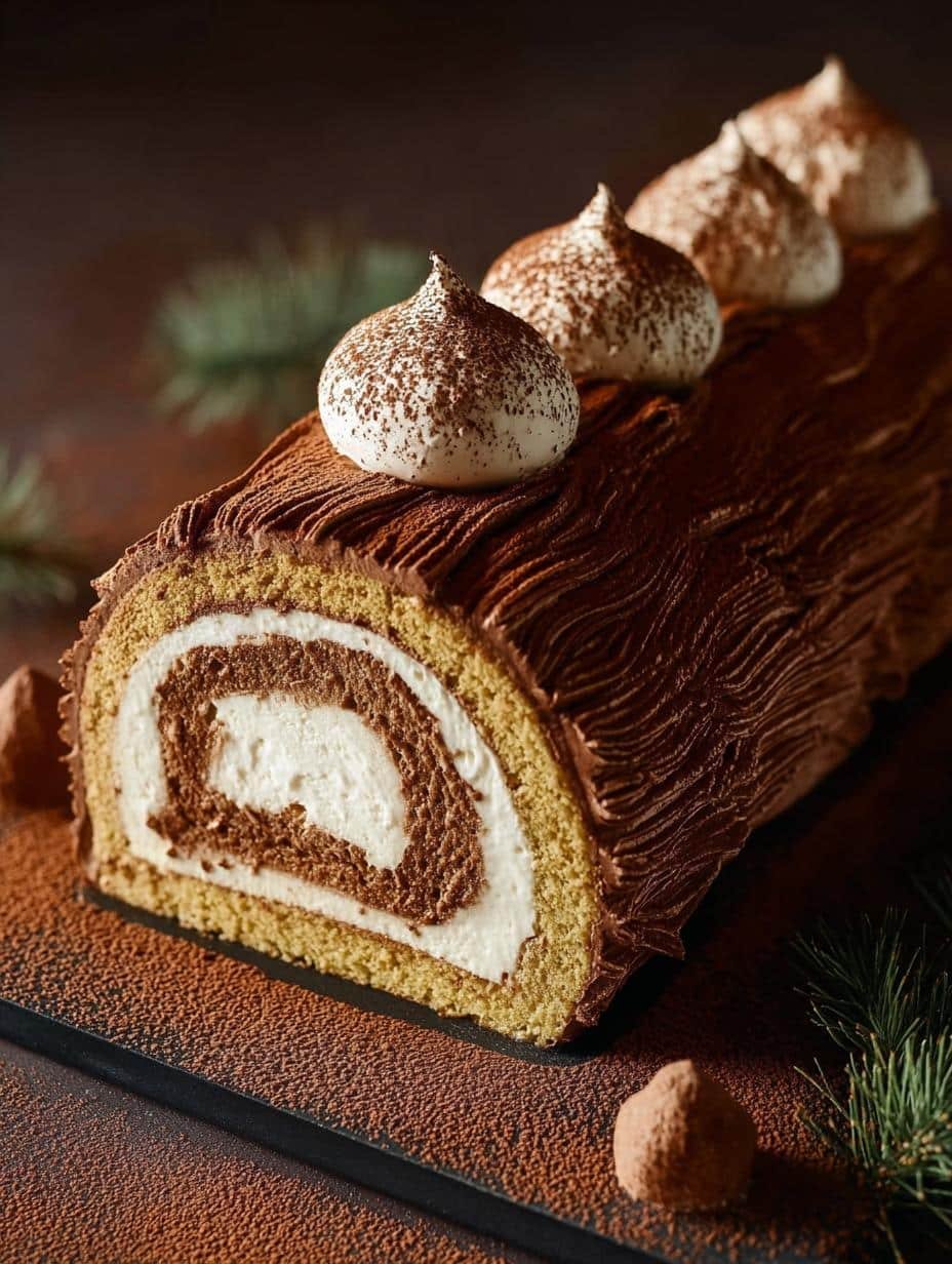Close-up of a slice of Tiramisu Yule Log Christmas showing layers of cake and cream