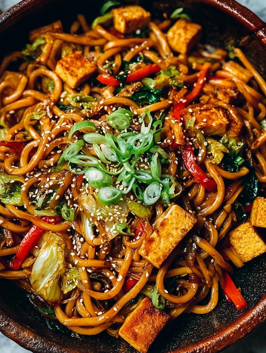 Vegan Yaki Udon Stir: 20-Minute Comfort Food - A vibrant bowl of Vegan Yaki Udon Stir with chewy noodles, crispy tofu, and colorful vegetables, garnished with scallions and sesame seeds.