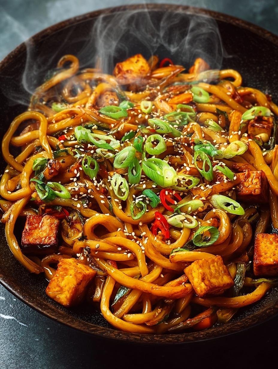 Vegan Yaki Udon Stir: 20-Minute Comfort Food - Close-up of Vegan Yaki Udon Stir in a skillet, showing the texture of the noodles and vegetables.