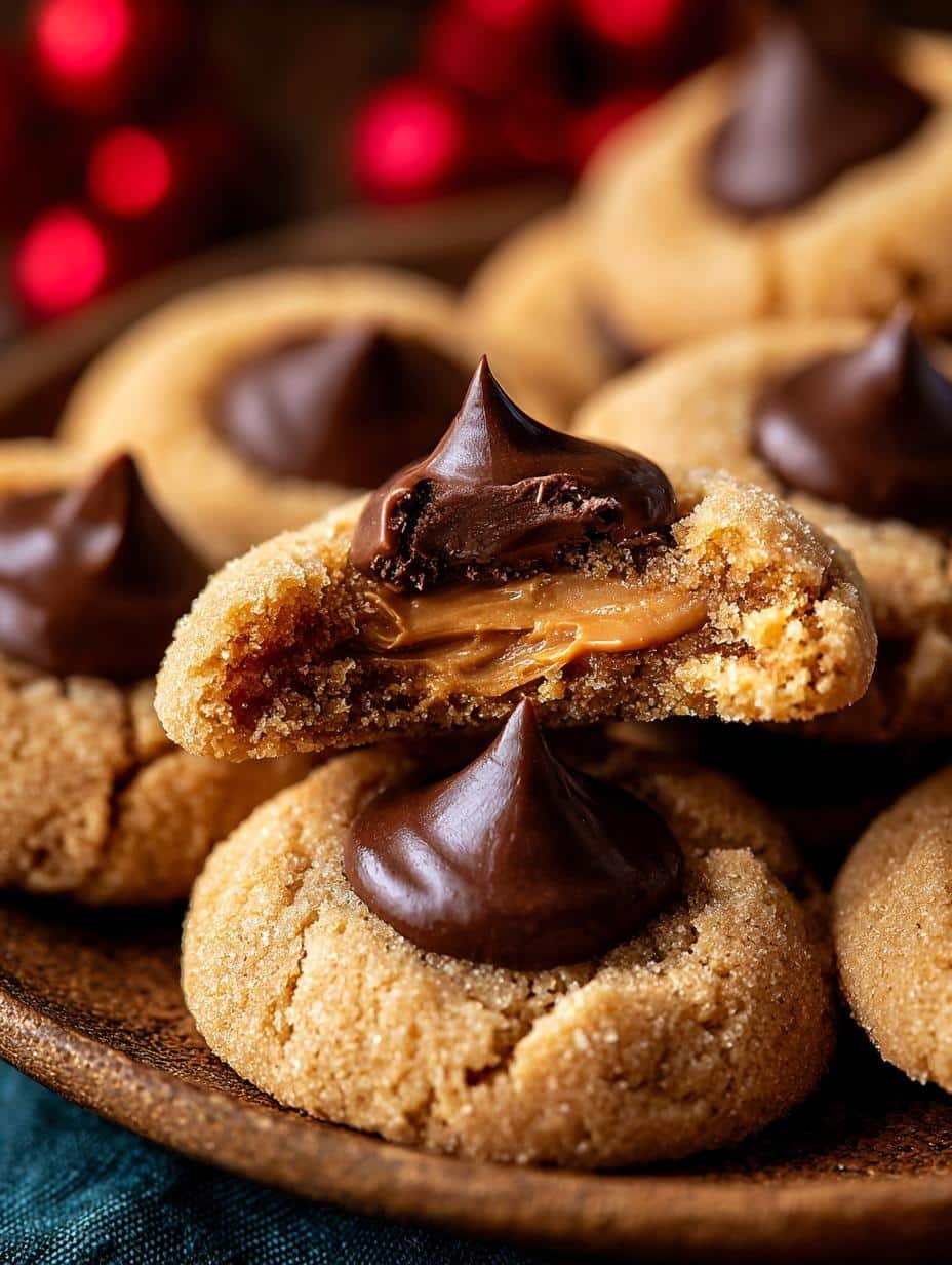 Irresistible Peanut Butter Cookie Blossoms with chocolate kisses on a cooling rack