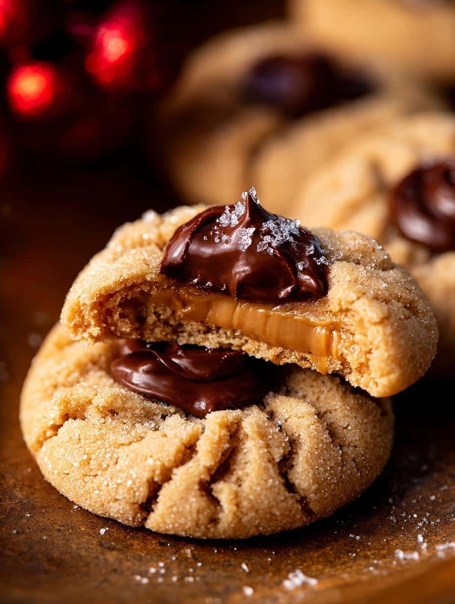 Close-up of a freshly baked Peanut Butter Cookie Blossom with a melted Hershey's kiss