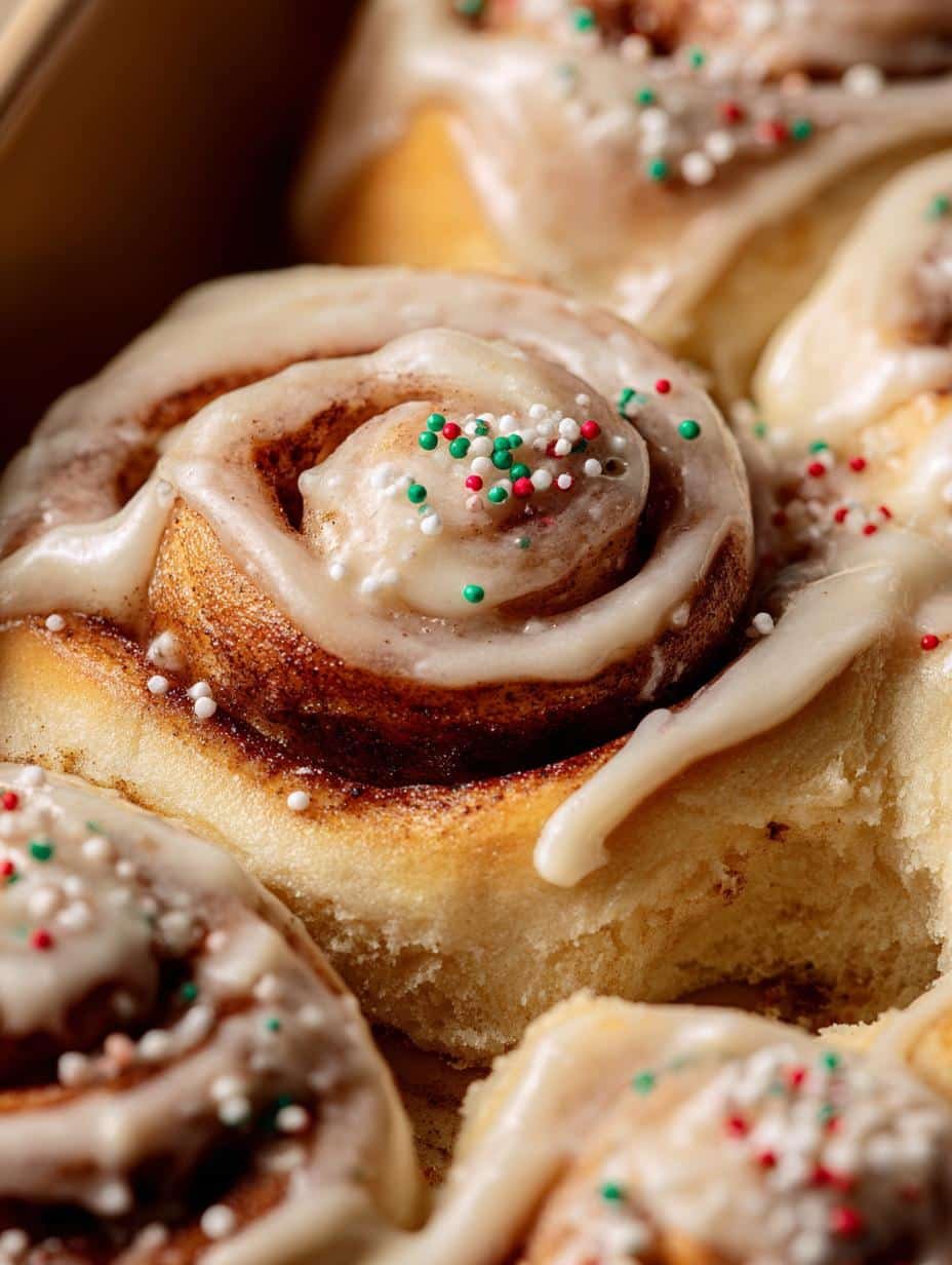Close-up of freshly baked ?sugar Cookie Cinnamon Rolls That Will Delight You with white icing