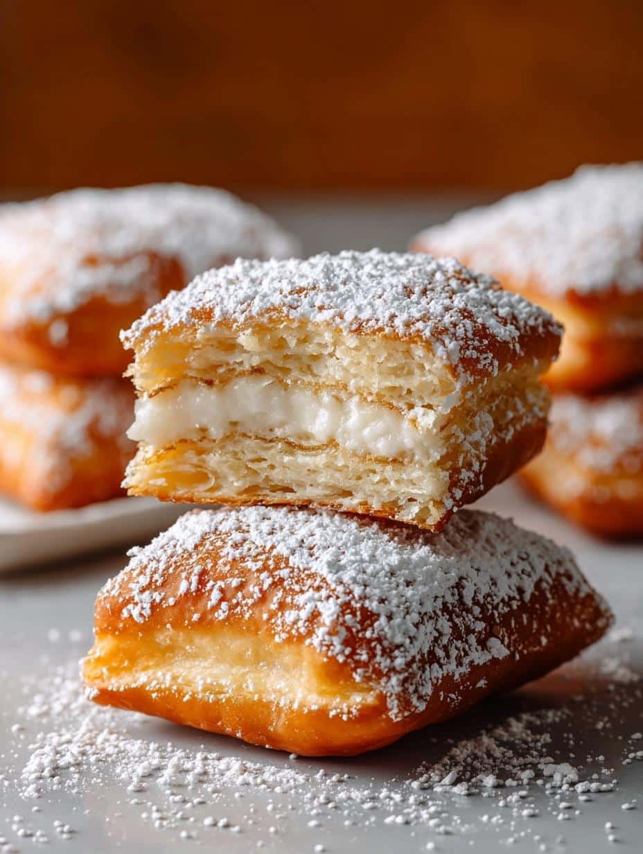 Close-up of golden brown Air Fryer Beignets with a generous dusting of powdered sugar