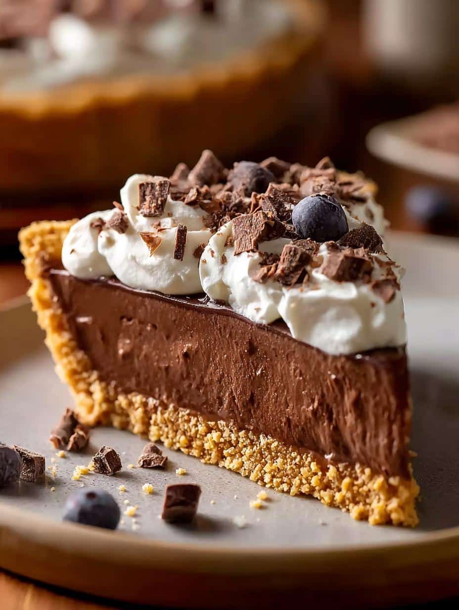Bake Chocolate Pie Incredible: A decadent chocolate pie with a buttery graham cracker crust, topped with whipped cream and chocolate shavings, ready to serve.