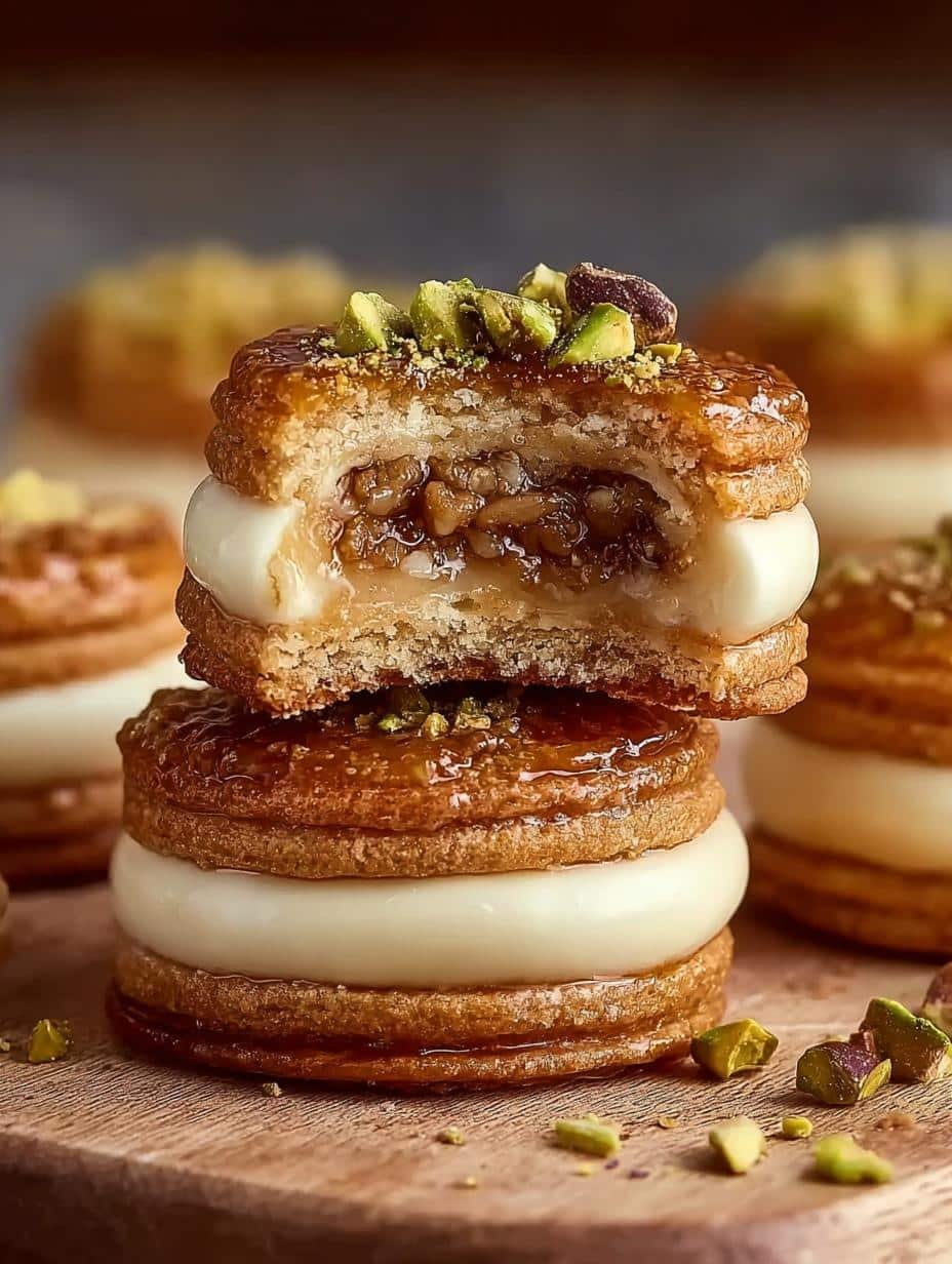 Close-up of a stack of Baklava Cream Sandwich Cookies, showing the creamy filling and golden-brown edges
