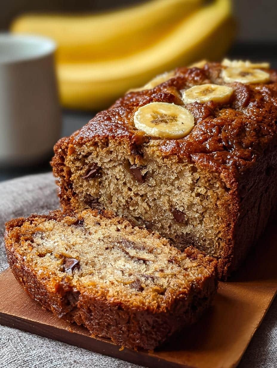 Close-up of a freshly baked loaf of Banana Bread with Brown Sugar, golden brown crust