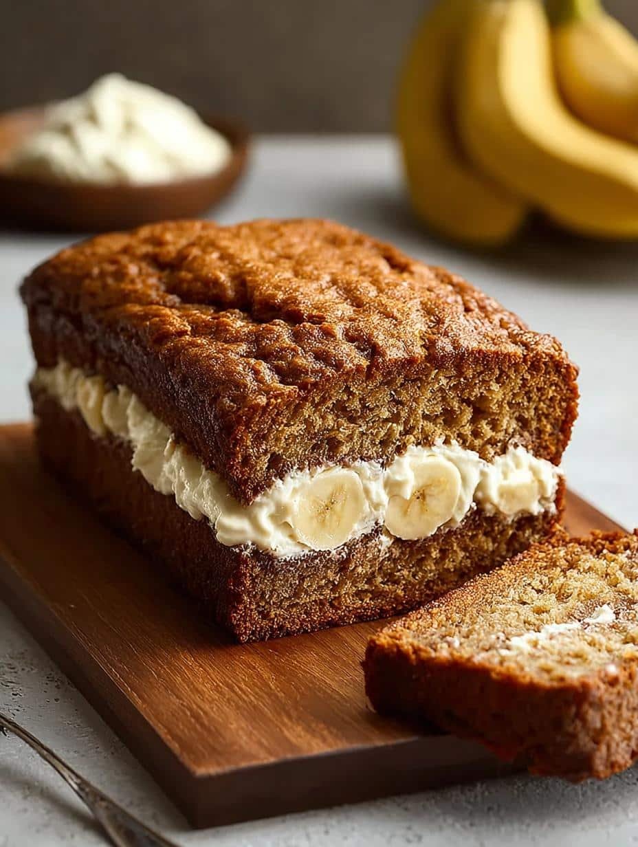 Delicious Banana Bread with Cream, sliced and ready to eat, showcasing its moist texture and creamy swirl